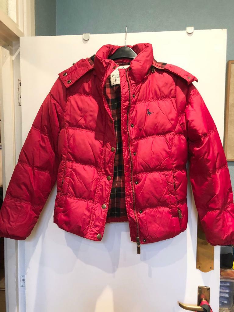ladies red puffer jacket with hood